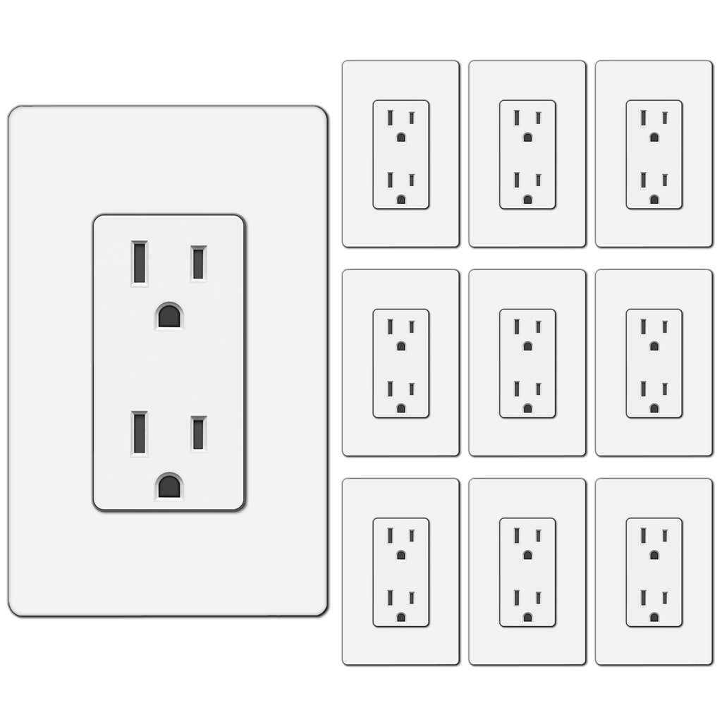 [10 Pack] BESTTEN 15A Decorator Receptacle Outlet, Decorative Screwless Wallplate Included, UL/cUL Listed, White