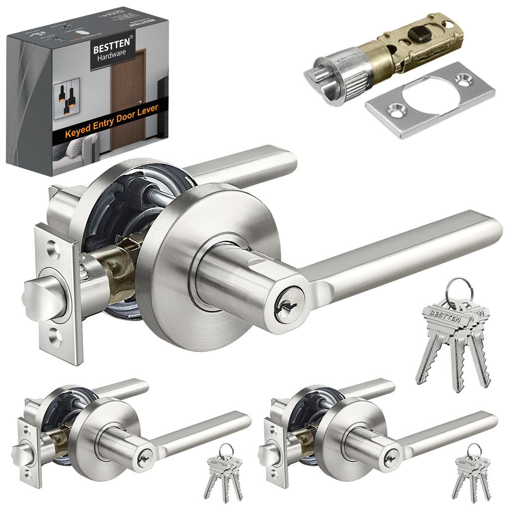 [3 Pack] BESTTEN Entry Door Lever Set with Lock, Vienna Series, Keyed Different, Satin Nickel