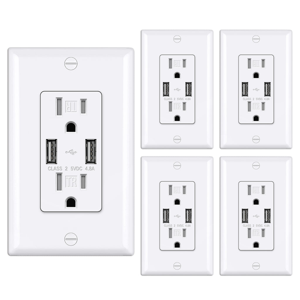 [5 Pack] BESTTEN 4.8A USB Wall Receptacle Outlet, Dual High Speed Electrical Outlet with USB Ports, 15 Amp Ultra Slim USB Receptacle with Tamper-Resistant, Self-Grounding, UL Listed, Snow White