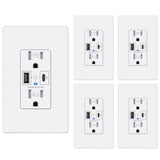 [5 Pack] BESTTEN 30W PD 3.0 USB C Wall Outlet, 15 Amp Tamper-Resistant Outlet with Type C & Type A Ports, Quick Charging Electrical Outlet, Screwless Wall Plates Included, cUL Listed, White