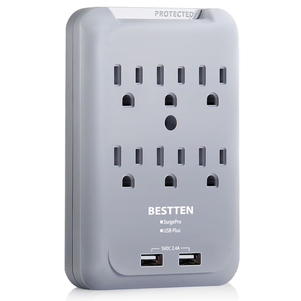 BESTTEN 6-Outlet Surge Protector, 900 Joule, 2 USB Charging Ports (2.4A Shared), Wall Mountable Outlet Extender, ETL Certified, Grey