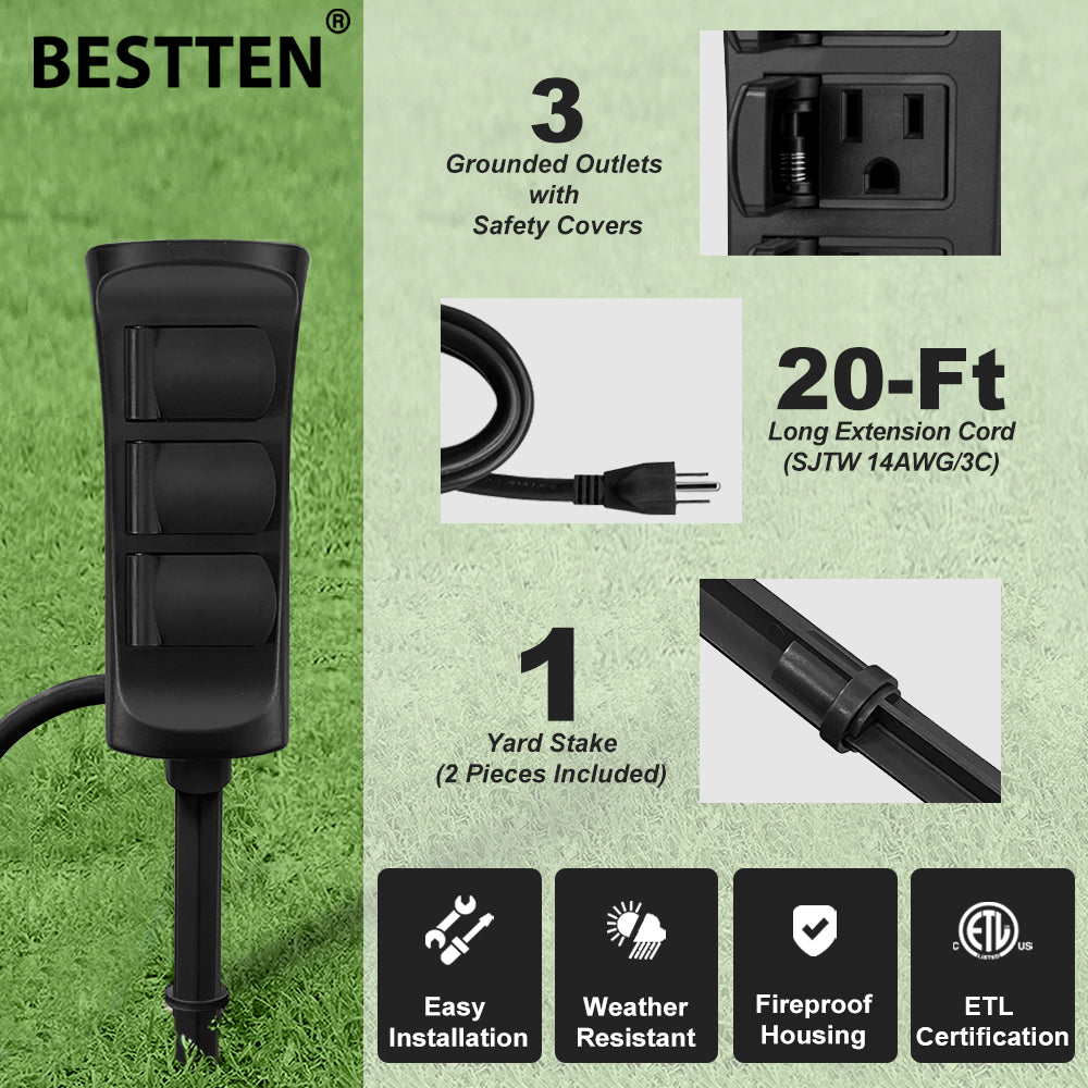 BESTTEN Outdoor Power Stake with 20-Foot Ultra Long Extension Cord, 3-Outlet Weatherproof Outdoor Power Strip, cETL Certified, Black