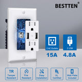 [2 Pack] BESTTEN 4.8A Ultra Slim USB Wall Receptacle Outlet, 15 Amp Tamper-Resistant Electrical Outlet with Dual USB Ports, High Speed Power Charging USB Socket, Self-Grounding, cUL Listed, White