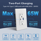 BESTTEN GaN 65W USB C Wall Outlet Receptacle, Type C Supports PD 3.0 & PPS, Type A Supports Quick Charger 3.0, 15 Amp High Speed Charging Power Outlet with USB Ports, cUL Listed, White