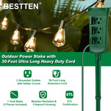 BESTTEN Outdoor Power Strip with 30 Foot Long Extension Cord, 3-Outlet Yard Power Stake with Weatherproof Protective Covers, Green, cETL Listed