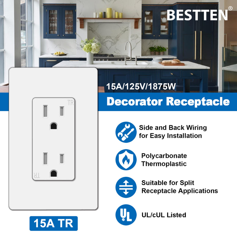 10 Pack] BESTTEN 15A Decorator Wall Outlet, Tamper Resistant