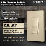 [10 Pack] BESTTEN Gold Dimmer Switch, Single Pole or 3 Way, for Dimmable LED Light, CFL, Incandescent, Halogen Bulbs, Matching Screwless Wallplate Included, Signature Collection, Slim Series cUL Listed
