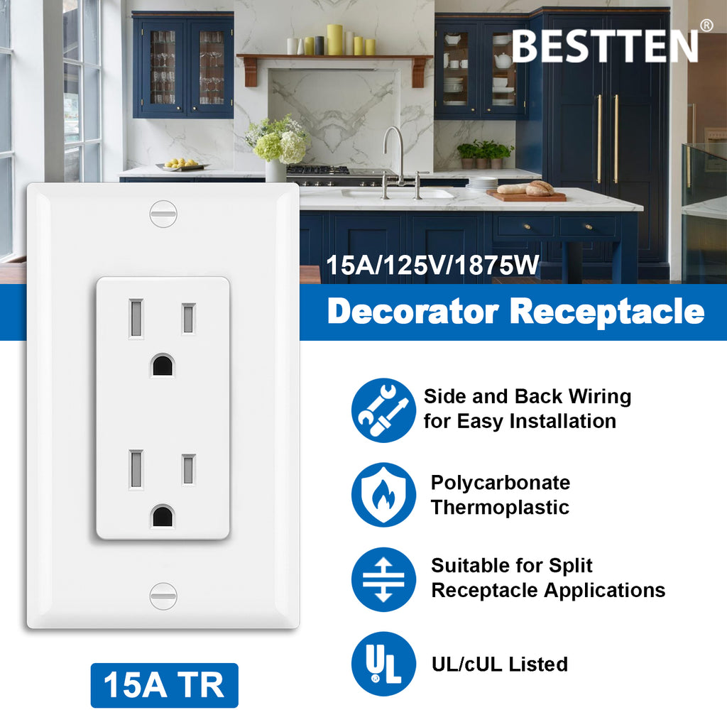 [10 Pack] BESTTEN 15A Decorator Wall Outlet, Tamper Resistant Receptacle, 15A/125V/1875W, Wallplate Included, cUL Listed, White