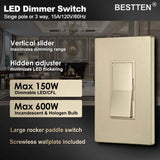 [5 Pack] BESTTEN Gold Slim Dimmer Light Switch, Single Pole or 3 Way, for Dimmable LED, CFL, Incandescent, Halogen Bulbs, Matching Screwless Wallplate Included, Signature Collection, cUL Listed