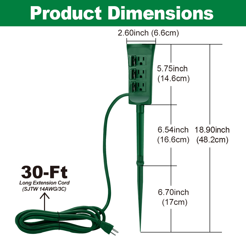 BESTTEN Outdoor Power Strip with 30 Foot Long Extension Cord, 3-Outlet Yard Power Stake with Weatherproof Protective Covers, Green, cETL Listed