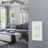 [30 Pack] BESTTEN 15 Amp Decorator Receptacle Outlet with Tamper Resistant, 15A Electrical Wall Outlet, Screwless Wallplate Included, for Commercial and Residential Use, cUL Listed, White