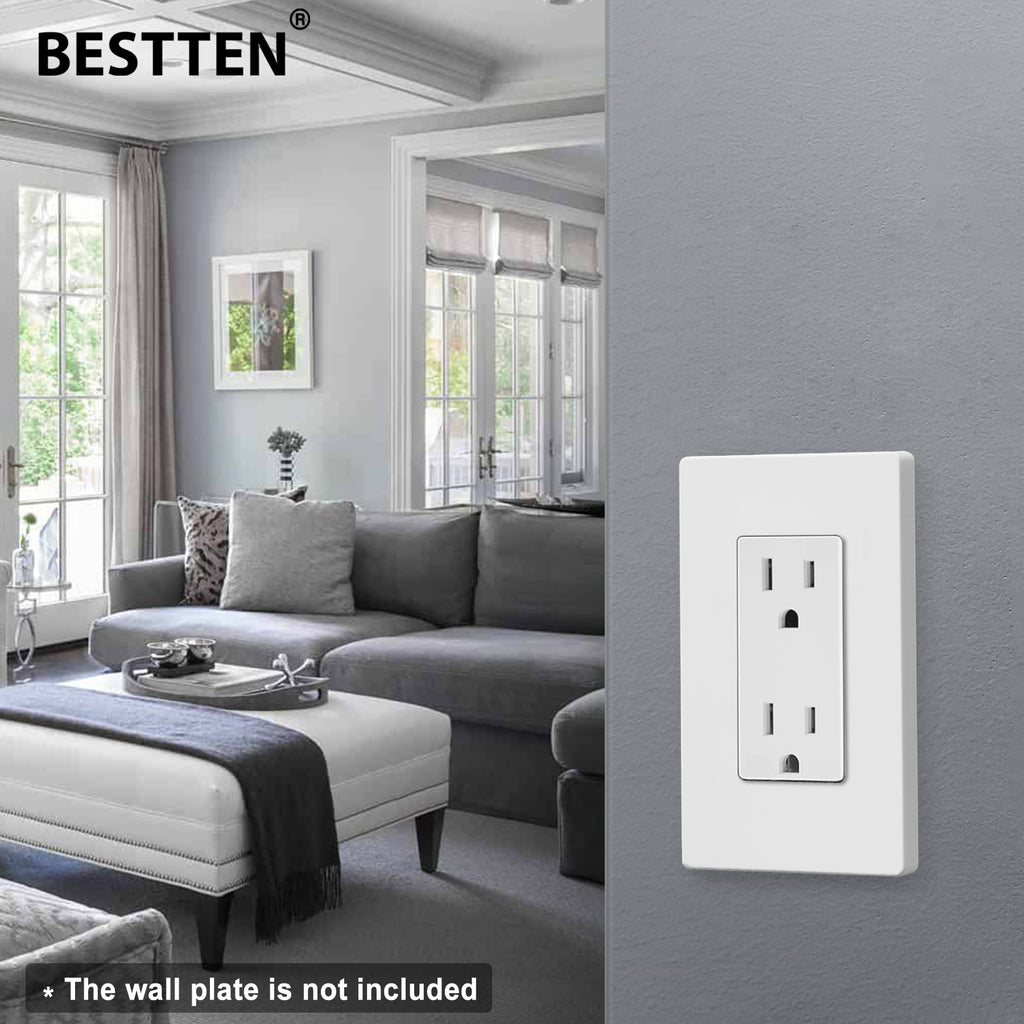 [10 Pack] BESTTEN Decorator Electrical Wall Outlet Receptacle, Non-Tamper-Resistant, 15A/125V/1875W, for Residential and Commercial Use, cUL Listed, White