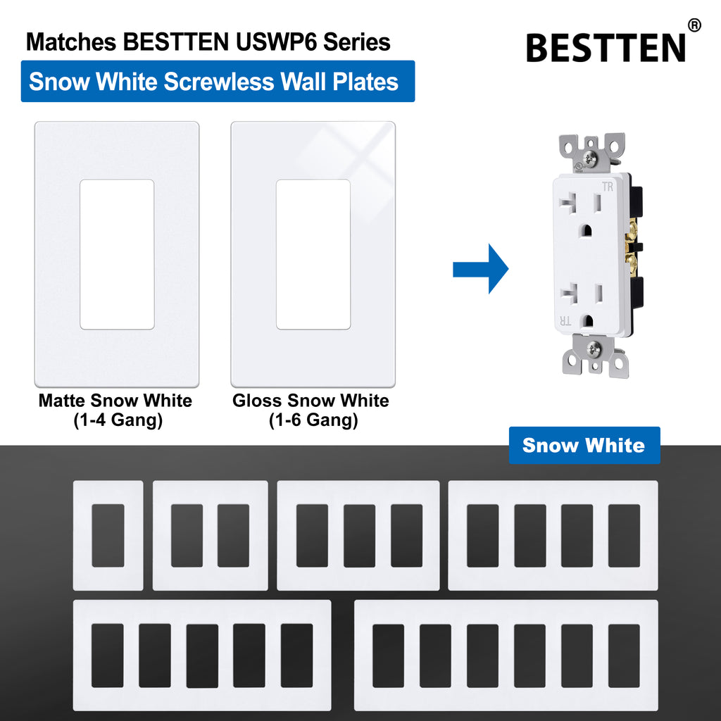 [10 Pack] BESTTEN 20A Wall Decorator Receptacle Outlet, Electrical Tamper Resistant Outlets, Residential and Commercial Use, cUL Listed,Snow White