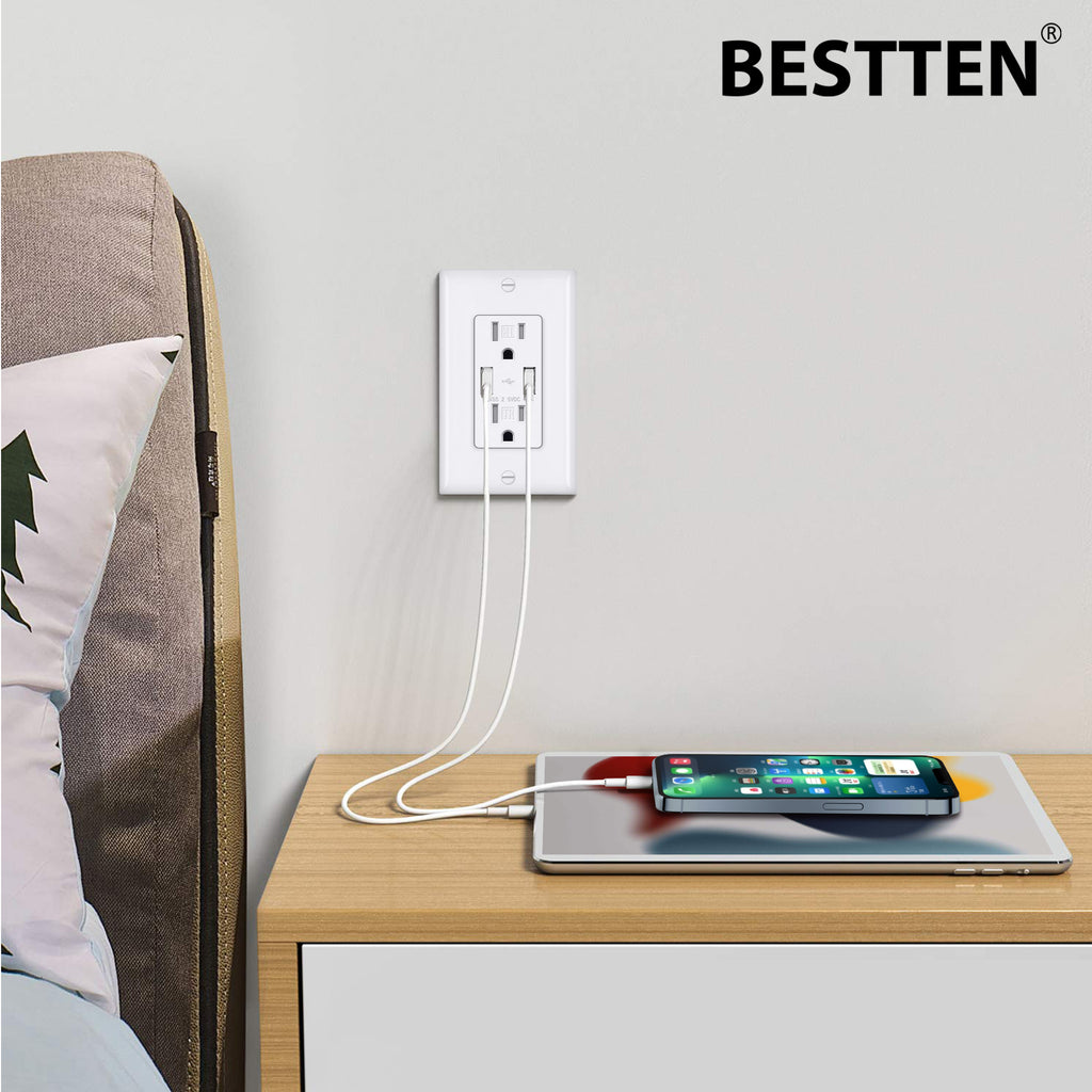 [5 Pack] BESTTEN 4.8A USB Wall Receptacle Outlet, Dual High Speed Electrical Outlet with USB Ports, 15 Amp Ultra Slim USB Receptacle with Tamper-Resistant, Self-Grounding, UL Listed, White