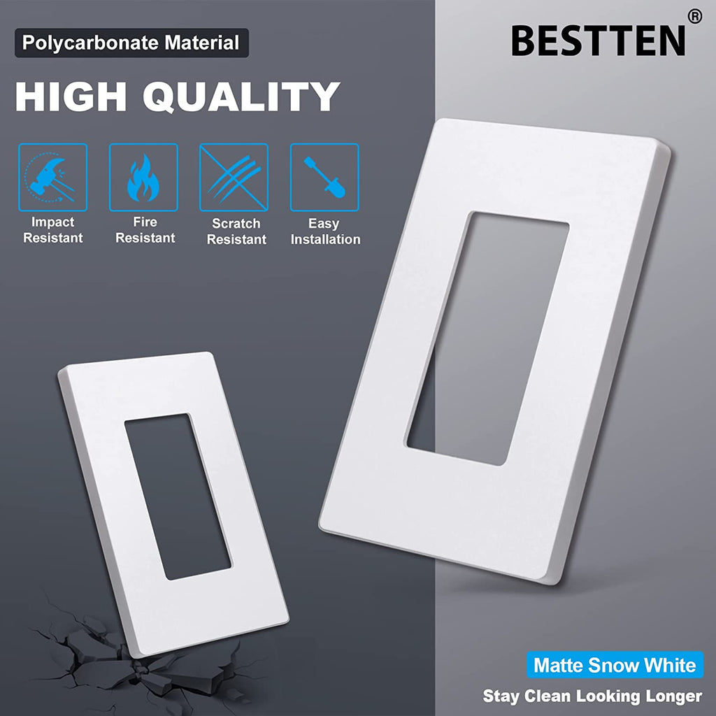 [50 Pack] BESTTEN USWP6 Matte Snow White Series 1-Gang Screwless Wall Plate, Decorator Outlet Cover, 11.91cm x 7.39cm, for Light Switch, Dimmer, USB, GFCI, Receptacle