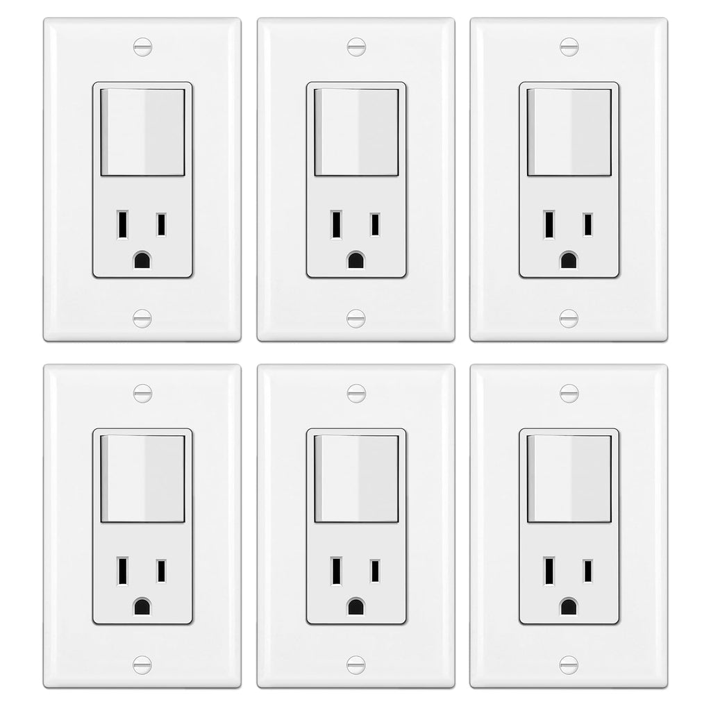 [6 Pack] BESTTEN Combination Wall Light Switch and Decor Outlet, Single Pole Rocker Switch, 15A/120V, Decorative Receptacle, 15A/125V, Combo Style, cUL Listed, White