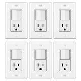 [6 Pack] BESTTEN Combination Wall Light Switch and Decor Outlet, Single Pole Rocker Switch, 15A/120V, Decorative Receptacle, 15A/125V, Combo Style, cUL Listed, White