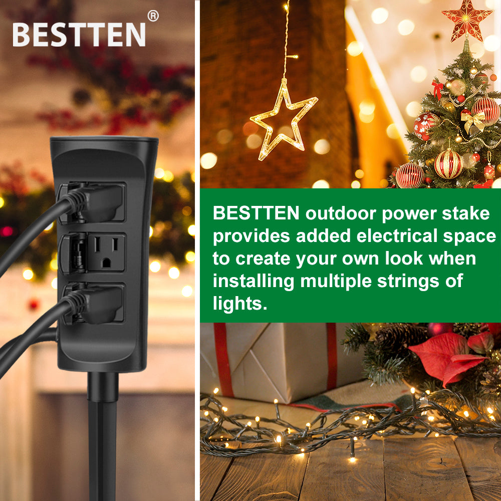 BESTTEN Outdoor Power Stake with 20-Foot Ultra Long Extension Cord, 3-Outlet Weatherproof Outdoor Power Strip, cETL Certified, Black