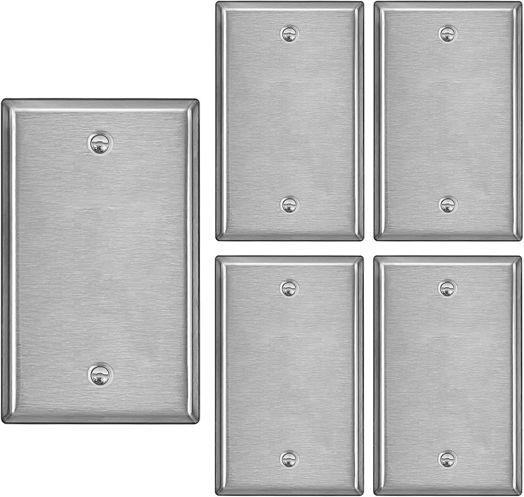 [5 Pack] BESTTEN 1-Gang Stainless Steel No Device Wall Plate with White or Clear Protective Film, Anti-Corrosive Blank Metal Outlet Cover, Brushed Finish, Standard Size, Silver