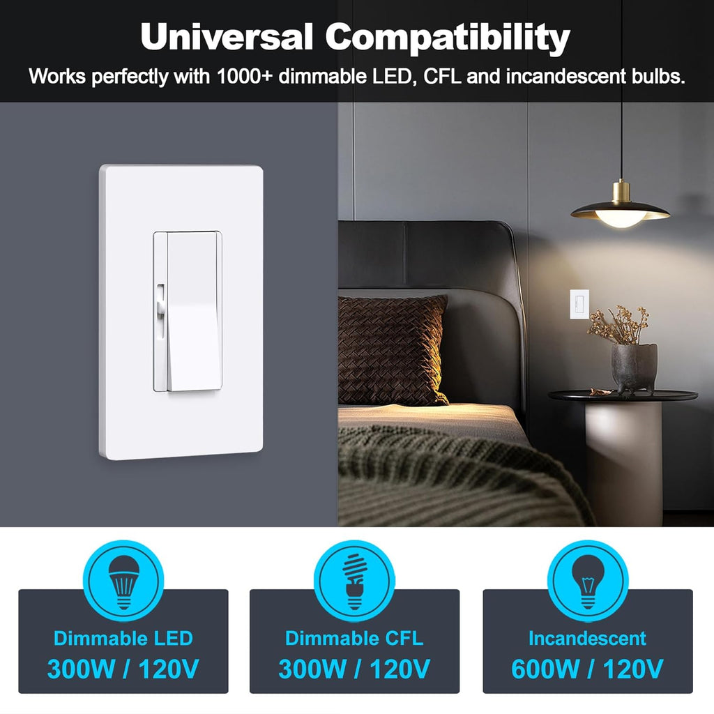 [3 Pack] BESTTEN Super Slim Digital Dimmable Light Switch, Max 300W LED, CFL, 600W Incandescent, Quiet Rocker, Single Pole or 3 Way Dimmer Switch, Srewless Wallplate Included, cETL Listed, White