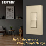 [5 Pack] BESTTEN Gold Slim Dimmer Light Switch, Single Pole or 3 Way, for Dimmable LED, CFL, Incandescent, Halogen Bulbs, Matching Screwless Wallplate Included, Signature Collection, cUL Listed