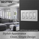 [5 Pack] BESTTEN 4-Gang Silver Screwless Wall Plate, Decorator Outlet Cover, Signature Collection Silver Series, 11.91cm x 21.21cm, for Light Switch, Dimmer, Receptacle