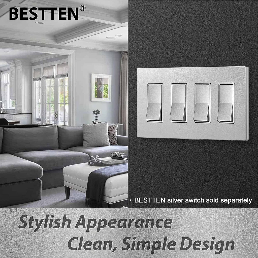 [2 Pack] BESTTEN 4-Gang Silver Screwless Wall Plate, Decorator Outlet Cover, Signature Collection Silver Series, 11.91cm x 21.21cm, for Light Switch, Dimmer, Receptacle