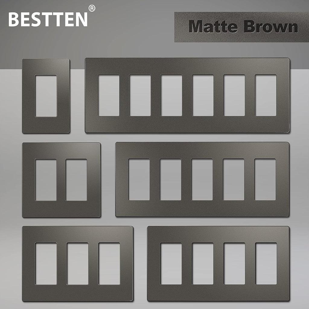 [10 Pack] BESTTEN 2-Gang Brown Screwless Wall Plate, Decorator Outlet Cover, Signature Collection Matte Brown Series, 11.91cm x 12.01cm, for Light Switch, Dimmer, Receptacle