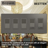 [2 Pack] BESTTEN 5-Gang Brown Screwless Wall Plate, Decorator Outlet Cover, Signature Collection Matte Brown Series, 11.91cm x 25.86cm, for Light Switch, Dimmer, Receptacle