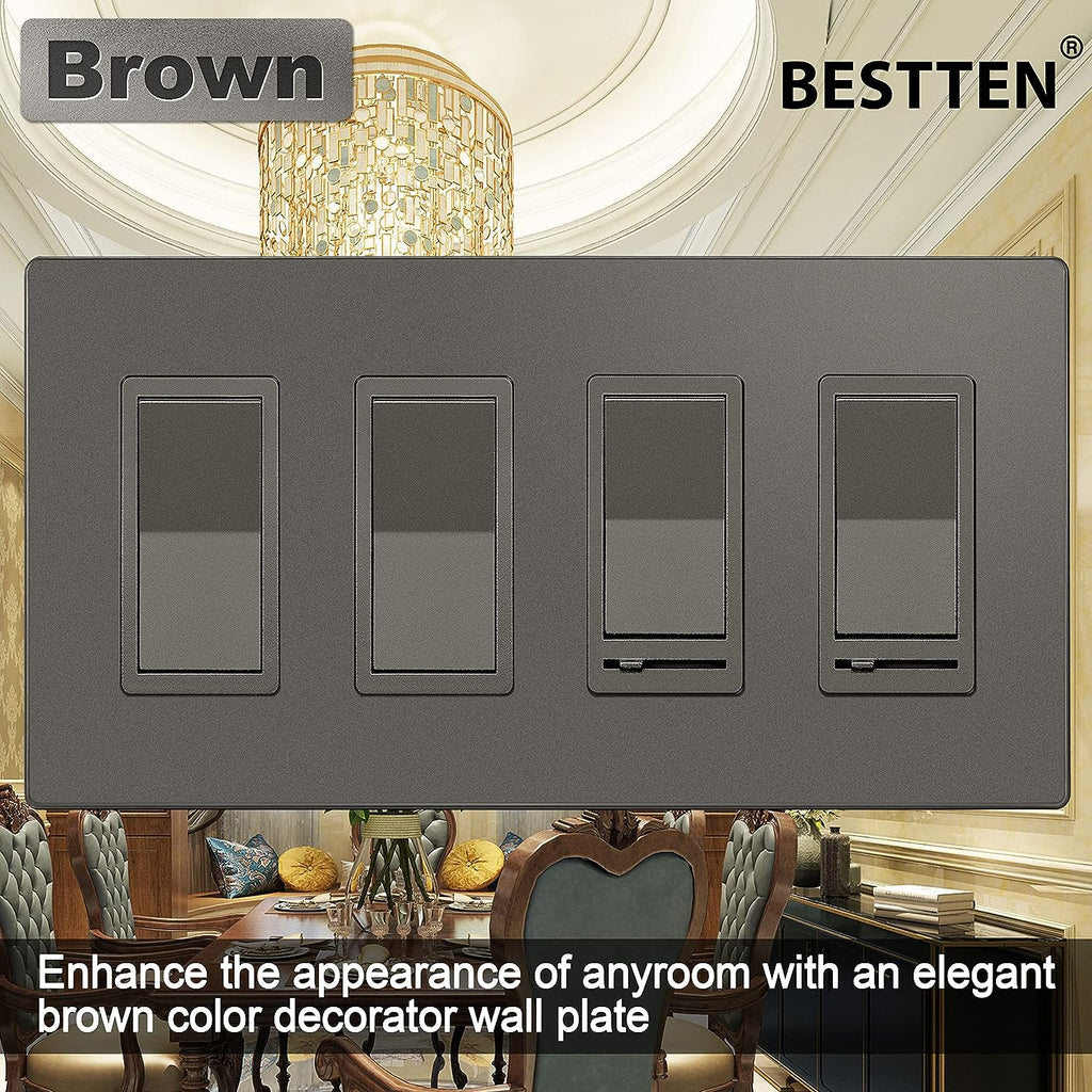 [2 Pack] BESTTEN 4-Gang Brown Screwless Wall Plate, Decorator Outlet Cover, Signature Collection Matte Brown Series, 11.91cm x 21.21cm, for Light Switch, Dimmer, Receptacle