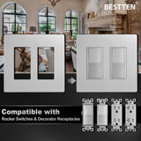[5 Pack] BESTTEN 2-Gang Silver Screwless Wall Plate, Decorator Outlet Cover, Signature Collection Silver Series, 11.91cm x 12.01cm, for Light Switch, Dimmer, Receptacle