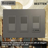[5 Pack] BESTTEN 3-Gang Brown Screwless Wall Plate, Decorator Outlet Cover, Signature Collection Matte Brown Series, 11.91cm x 16.61cm, for Light Switch, Dimmer, Receptacle