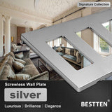 [5 Pack] BESTTEN 3-Gang Silver Screwless Wall Plate, Decorator Outlet Cover, Signature Collection Silver Series, 11.91cm x 16.61cm, for Light Switch, Dimmer, Receptacle