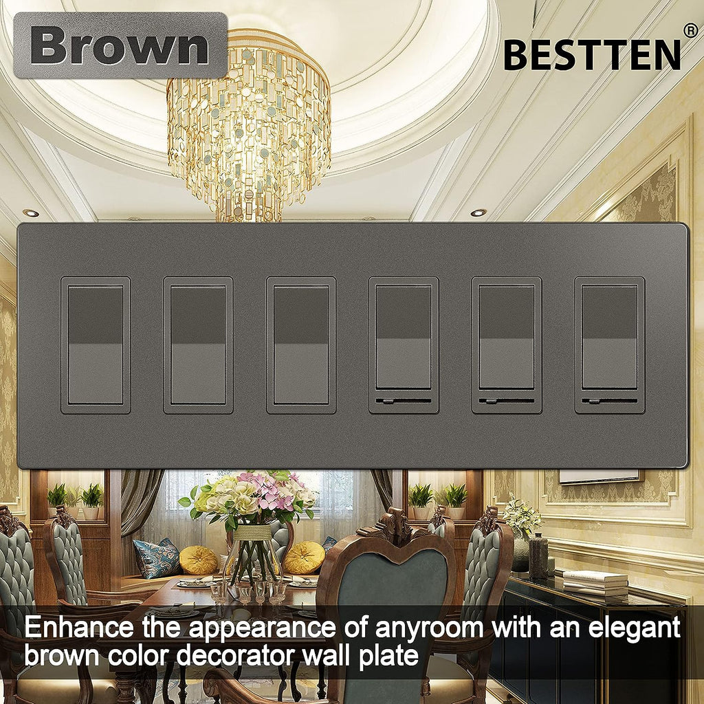 [2 Pack] BESTTEN 6-Gang Brown Screwless Wall Plate, Decorator Outlet Cover, Signature Collection Matte Brown Series, 11.91cm x 29.85cm, for Light Switch, Dimmer, Receptacle