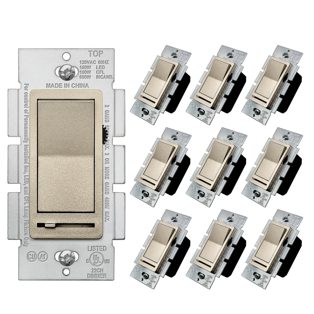 [10 Pack] BESTTEN Champagne Gold Dimmer Wall Light Switch, Single Pole or 3-Way, Compatible with Dimmable LED, CFL, Incandescent and Halogen Bulb, 120VAC, cUL Listed