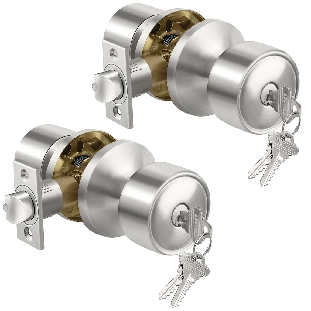 [2 Pack] BESTTEN Geneva Series Door Knob Set, Keyed Different Entry Door Lock with Key, for Exterior and Front Door, Removable Latch Plate, Satin Nickel