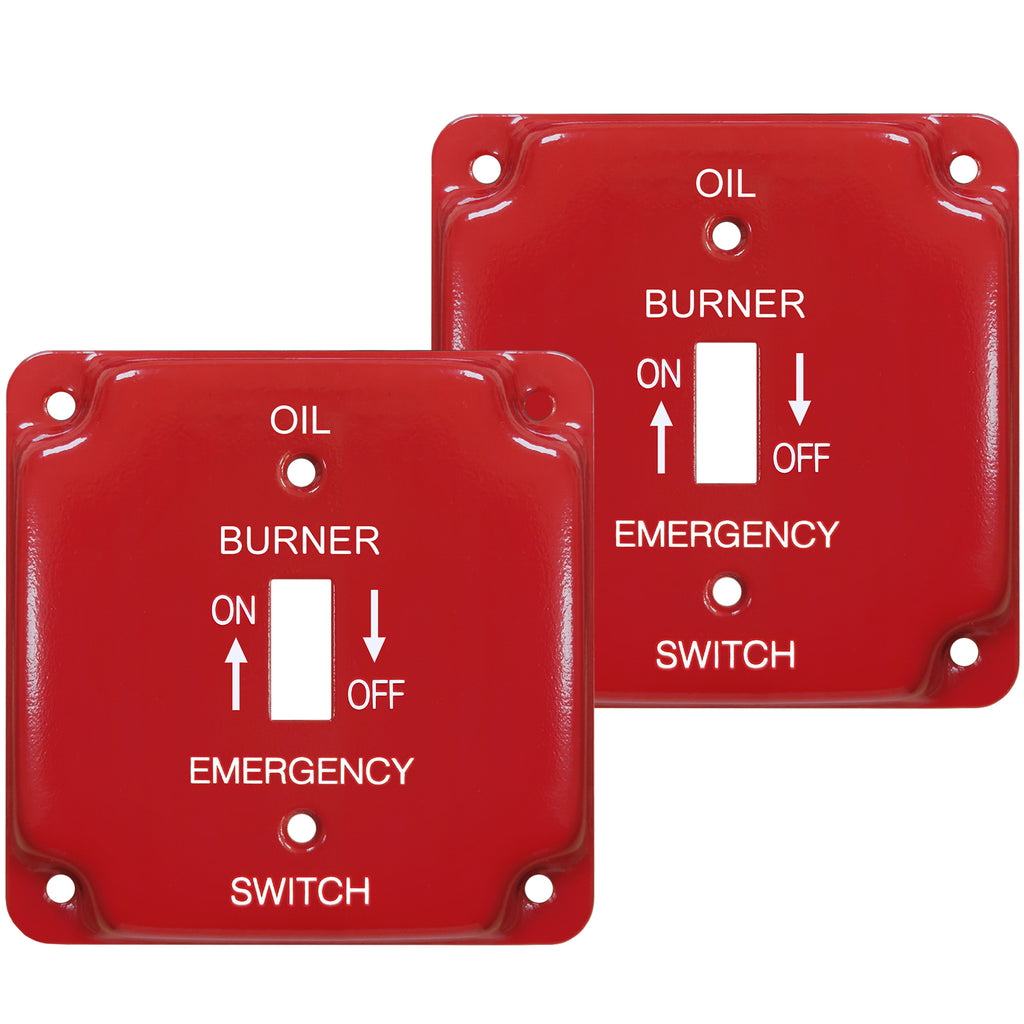 [2 Pack] BESTTEN 1-Gang Red, Emergency Oil Shut-Off Toggle Square Metal Switch Plate for 4.00"x4.00" Electrical Box, Code Compliant