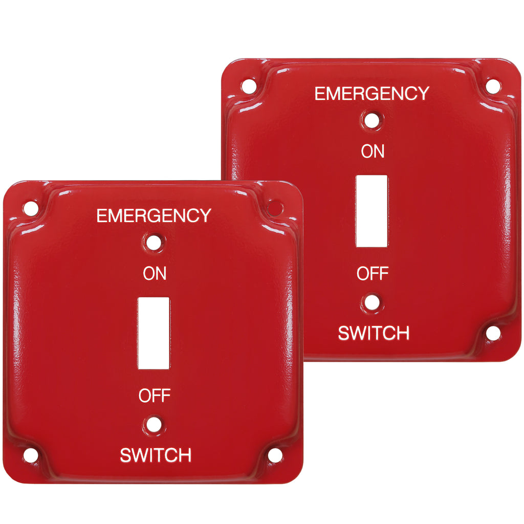 [2 Pack] BESTTEN 1-Gang Red, Emergency Shut-Off Toggle Square Metal Switch Plate for 4.00"x4.00" Electrical Box, Code Compliant