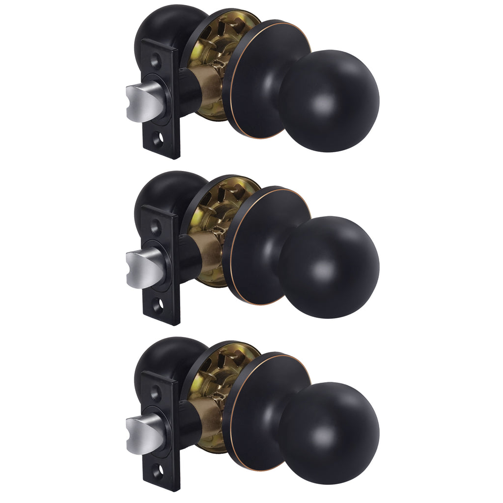 [3 Pack] BESTTEN Passage Door Knobs, Non Locking, Interior Round Ball Door Knob Handle with Removable Latch Plate, All Metal, for Hallway/Closet, Oil Rubbed Bronze