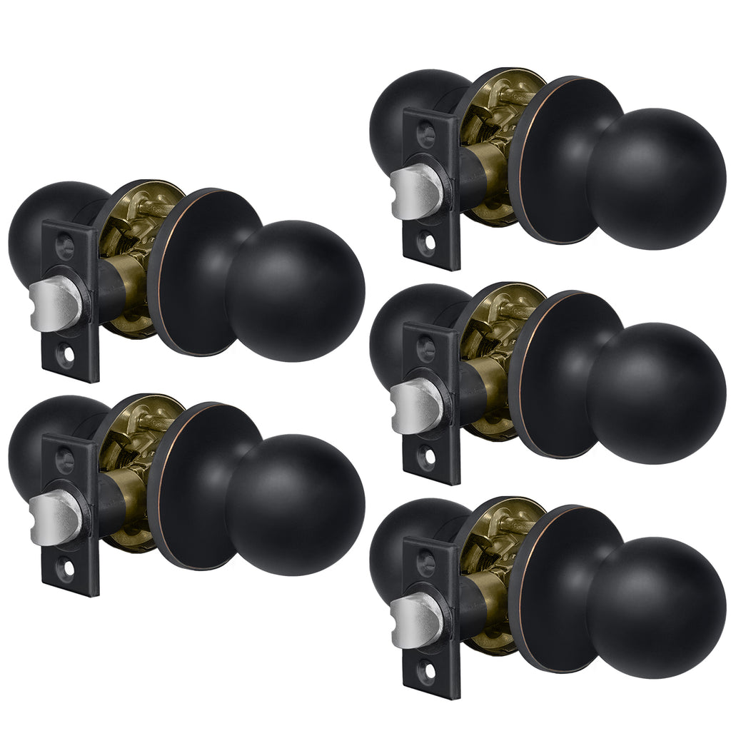 [5 Pack] BESTTEN Passage Door Knobs, Non Locking, Interior Round Ball Door Knob Handle with Removable Latch Plate, All Metal, for Hallway/Closet, Oil Rubbed Bronze