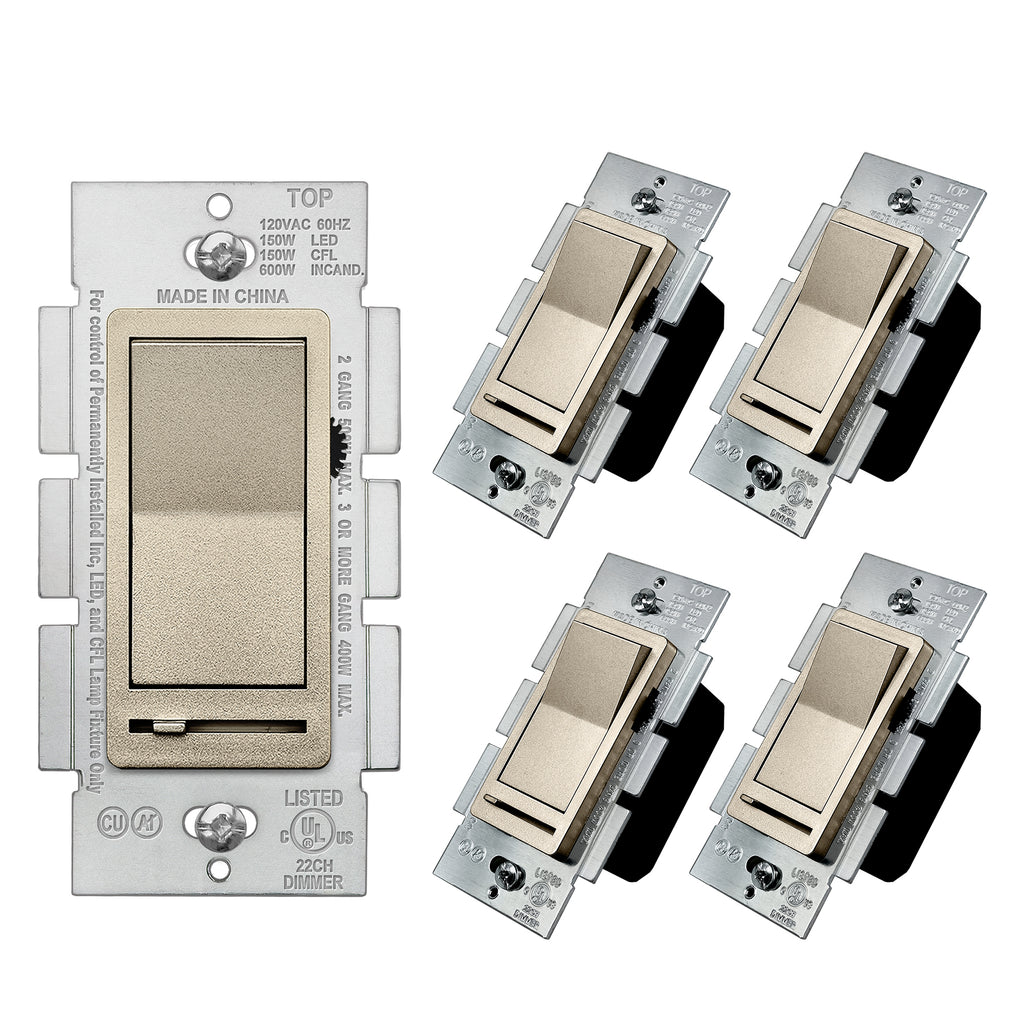 [5 Pack] BESTTEN Champagne Gold Dimmer Wall Light Switch, Single Pole or 3-Way, Compatible with Dimmable LED, CFL, Incandescent and Halogen Bulb, 120VAC, UL/cUL Listed