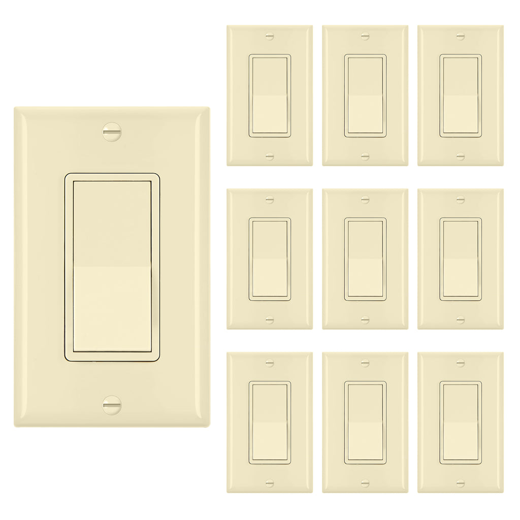 [10 Pack] BESTTEN Single Pole Decorator Wall Light Switch with Wall Plate, 15A 120/277V, On/Off Rocker Paddle Interrupter, UL Listed