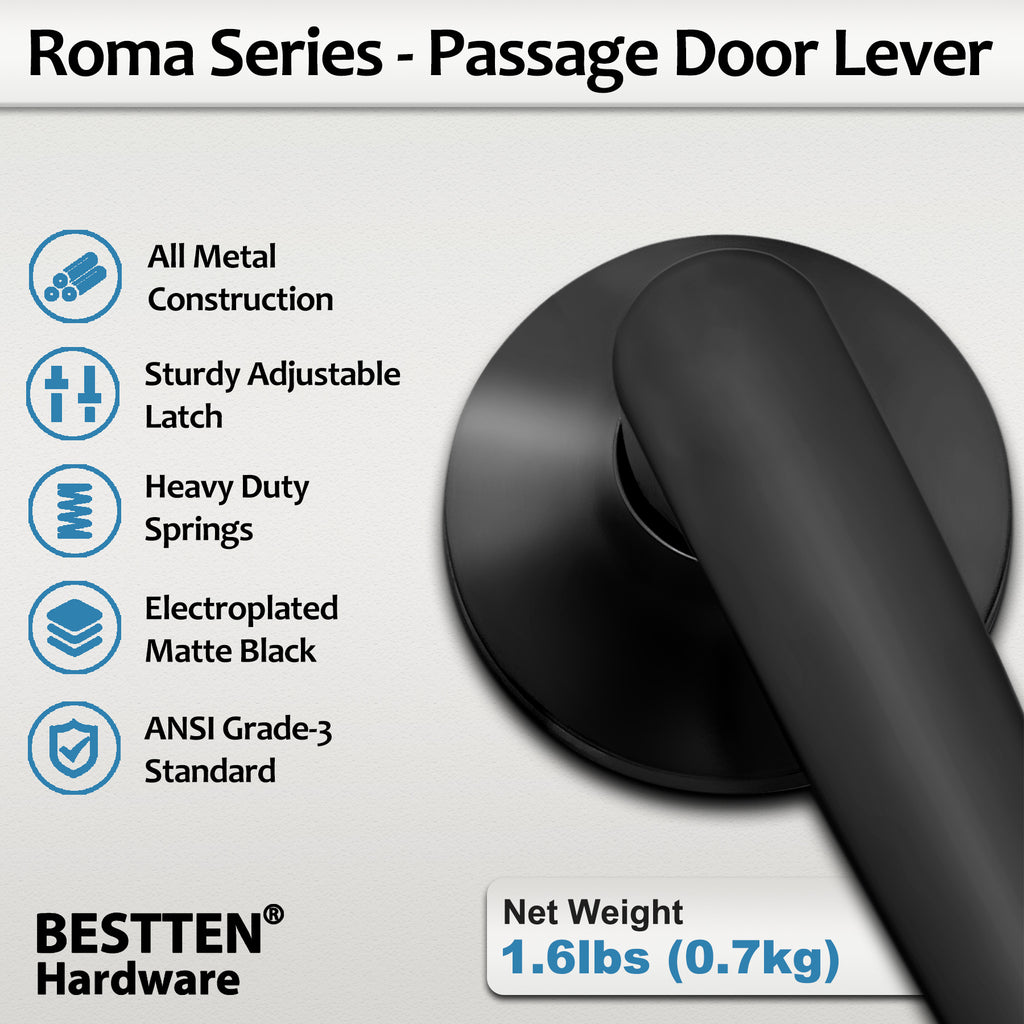 [5 Pack] BESTTEN Matte Black Passage Door Handle, Interior No Locking Door Lever Lock Set for Hallway or Closet, Removable Latch Plate, Roma Series