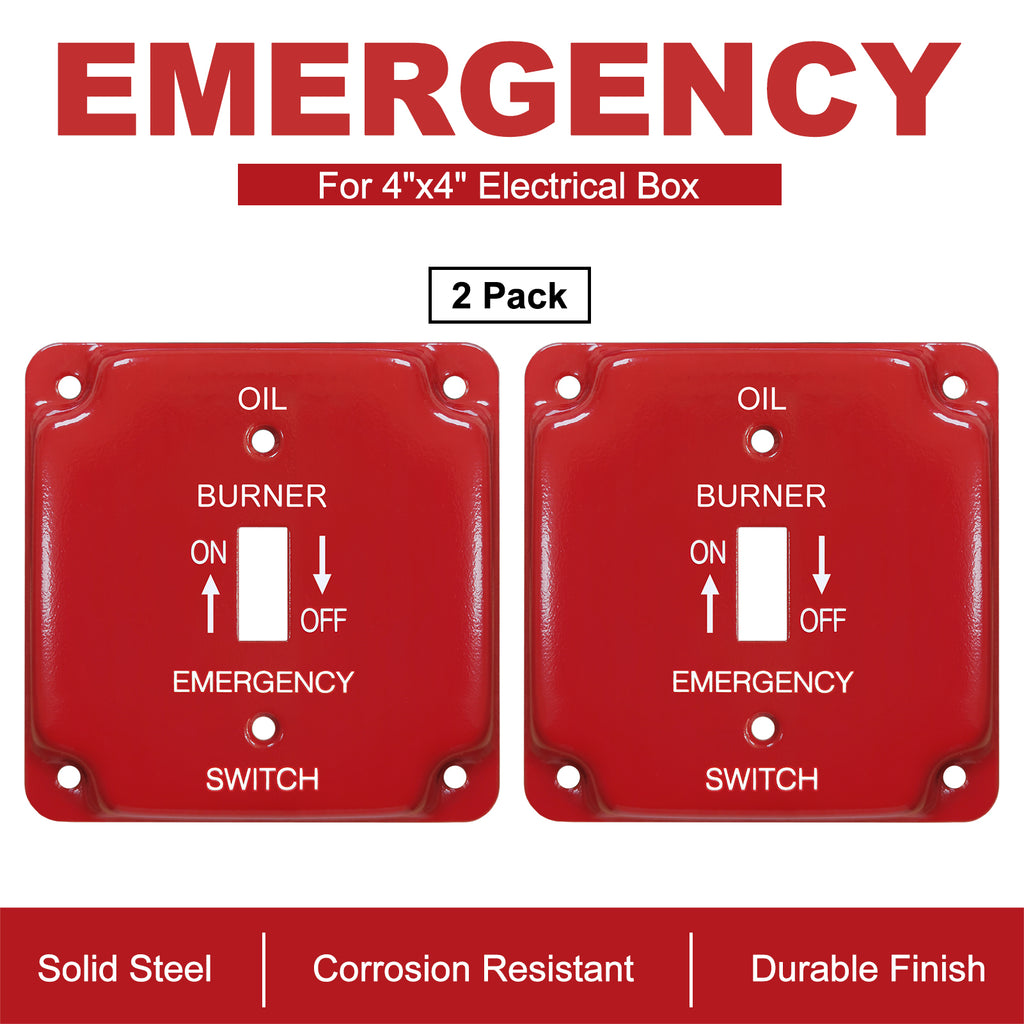 [2 Pack] BESTTEN 1-Gang Red, Emergency Oil Shut-Off Toggle Square Metal Switch Plate for 4.00"x4.00" Electrical Box, Code Compliant