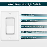 [2 Pack] BESTTEN 4-Way Decorator Wall Light Switch with Wall Plate, 15A 120/277V, On/Off Paddle Rocker Interrupter, Self-Grounding, UL Listed, White