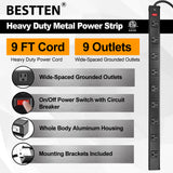 BESTTEN 9-Outlet Heavy Duty Aluminum Alloy Metal Power Strip with 9Ft Long Extension Cord, 15A ON/Off Circuit Breaker, Mounting Brackets Included, ETL/cETL Certified, Black