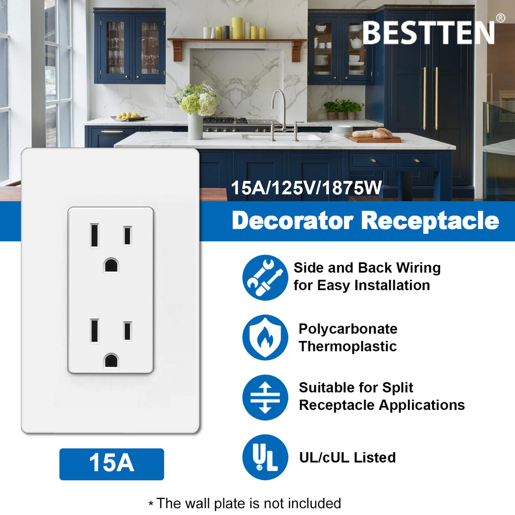 [20 Pack] BESTTEN 15 Amp Decorator Receptacle Outlet, Non Tamper-Resistant, 15A/125V, cUL Listed, White