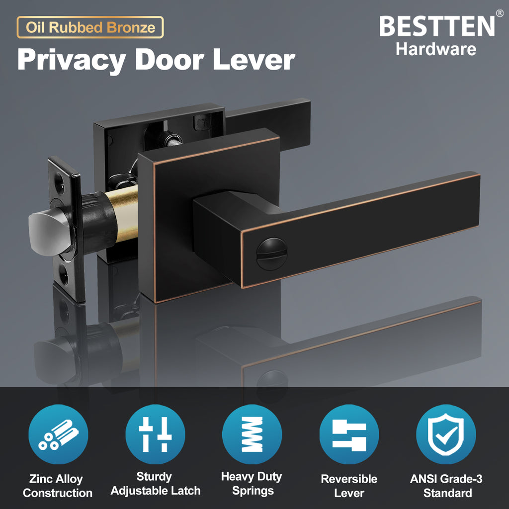 [5 Pack] BESTTEN Heavy Duty Square Privacy Door Handle with Removable Latch Plate, Zinc Alloy (Not Aluminum Alloy) Monaco Contemporary Keyless Bedroom Bathroom Door Lever, for Commercial and Residential Use, Oil Rubbed Bronze