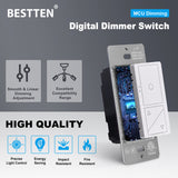 BESTTEN Contemporary Digital LED Dimmer with Air Gap Power Cut-Off Switch and MCU Smart-chip Technology, Super Slim Design, 3 Button Control, Single Pole or 3 Way, No Neutral Wire required, cETL Listed, White