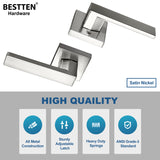[10 Pack] BESTTEN Satin Nickle Heavy Duty Nonlocking Passage Door Lever with Removable Latch Plate, Zinc Alloy (Not Aluminum Alloy) Contemporary Monaco Square Keyless Hall Closet Door Handle Set, for Commercial and Residential Use